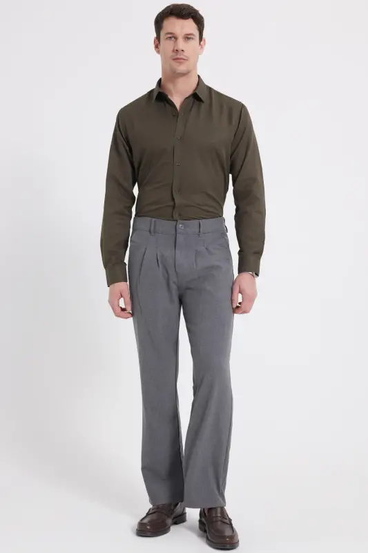 Modern Slim Fit Pamuklu Kolay Ütü Armürlü Erkek Gömlek-Haki - 2