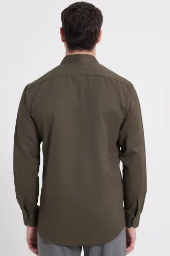 Modern Slim Fit Pamuklu Kolay Ütü Armürlü Erkek Gömlek-Haki - 6