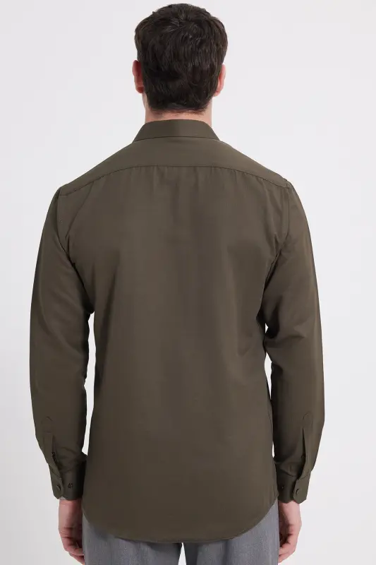 Modern Slim Fit Pamuklu Kolay Ütü Armürlü Erkek Gömlek-Haki - 6