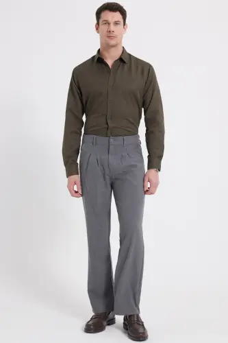 Modern Slim Fit Pamuklu Kolay Ütü Armürlü Erkek Gömlek-Haki - 2