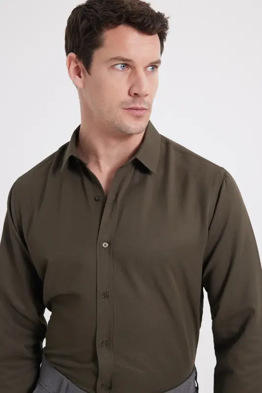 Modern Slim Fit Pamuklu Kolay Ütü Armürlü Erkek Gömlek-Haki - 3