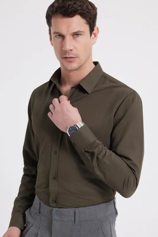 Modern Slim Fit Pamuklu Kolay Ütü Armürlü Erkek Gömlek-Haki - 7
