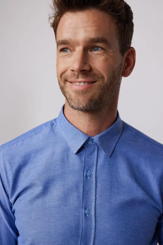 Modern Slim Fit Pamuklu Kolay Ütü Armürlü Erkek Gömlek-İndigo - 3