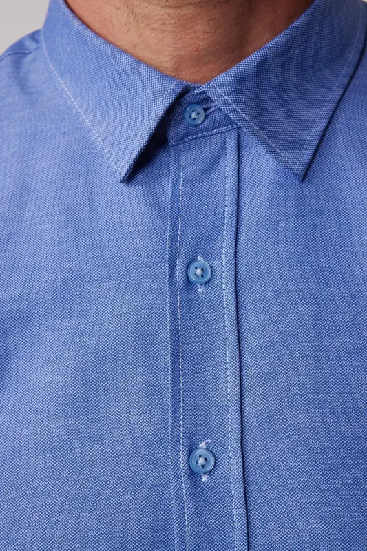 Modern Slim Fit Pamuklu Kolay Ütü Armürlü Erkek Gömlek-İndigo - 4
