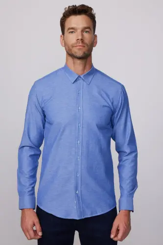 Modern Slim Fit Pamuklu Kolay Ütü Armürlü Erkek Gömlek-İndigo - TUDORS (1)