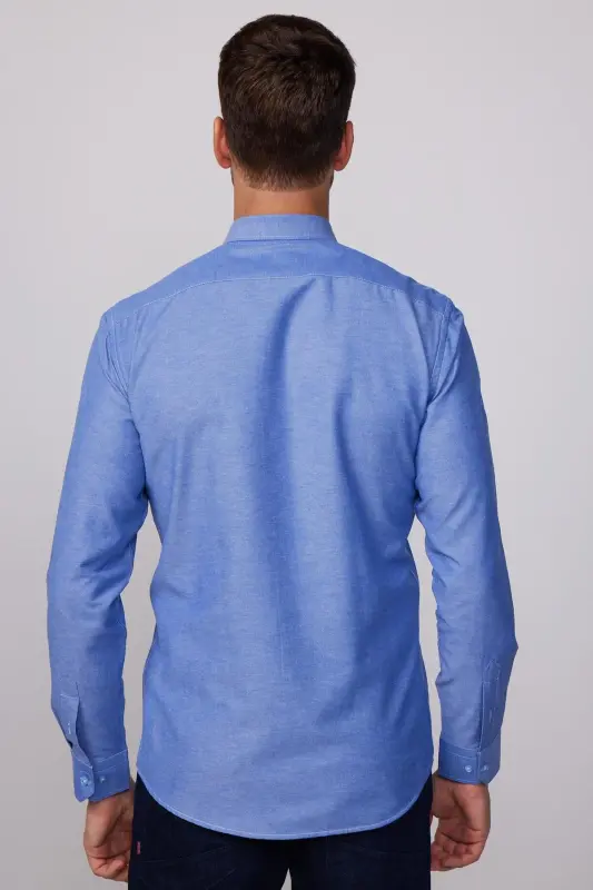 Modern Slim Fit Pamuklu Kolay Ütü Armürlü Erkek Gömlek-İndigo - 5
