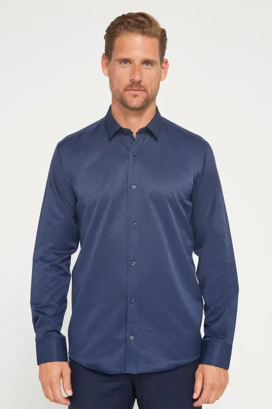 Modern Slim Fit Pamuklu Kolay Ütü Armürlü Erkek Gömlek-Lacivert - 2