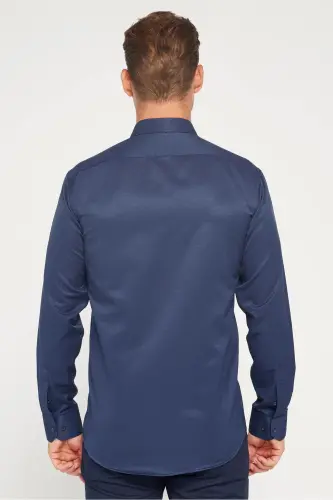 Modern Slim Fit Pamuklu Kolay Ütü Armürlü Erkek Gömlek-Lacivert - 5