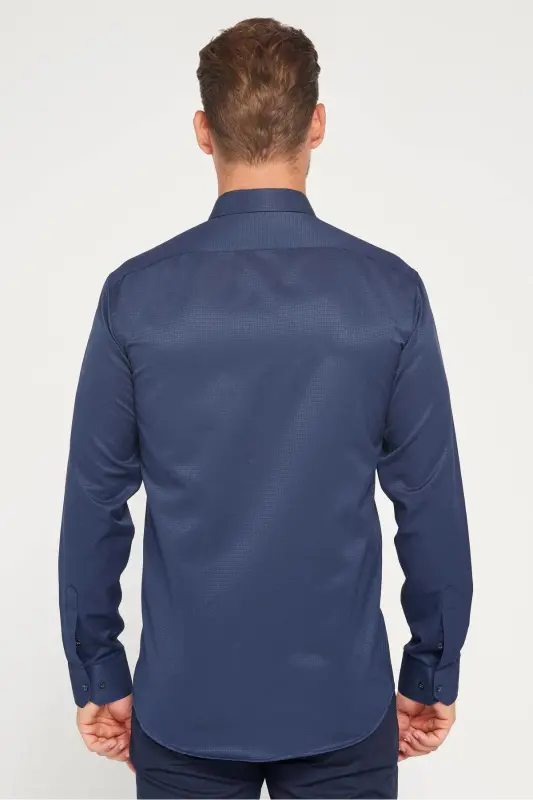 Modern Slim Fit Pamuklu Kolay Ütü Armürlü Erkek Gömlek-Lacivert - 5