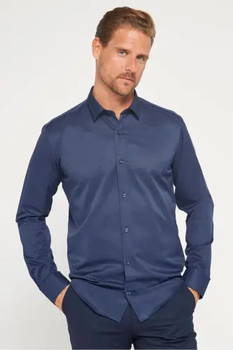 Modern Slim Fit Pamuklu Kolay Ütülenebilir Armürlü Erkek Gömlek - Lacivert 
