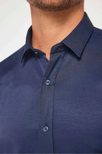 Modern Slim Fit Pamuklu Kolay Ütü Armürlü Erkek Gömlek-Lacivert - 4