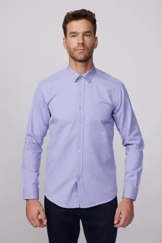 Modern Slim Fit Pamuklu Kolay Ütü Armürlü Erkek Gömlek-Mavi2 - TUDORS (1)