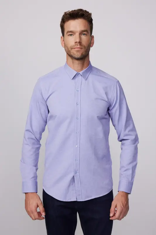 Modern Slim Fit Pamuklu Kolay Ütü Armürlü Erkek Gömlek-Mavi2 - 2