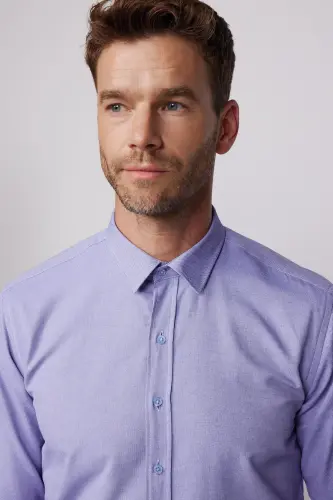 Modern Slim Fit Pamuklu Kolay Ütü Armürlü Erkek Gömlek-Mavi2 - 3