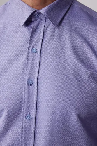 Modern Slim Fit Pamuklu Kolay Ütü Armürlü Erkek Gömlek-Mavi2 - 4