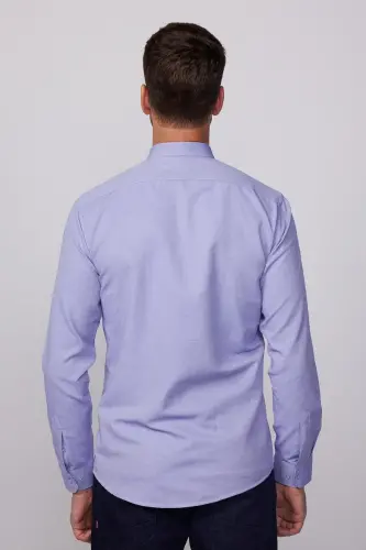 Modern Slim Fit Pamuklu Kolay Ütü Armürlü Erkek Gömlek-Mavi2 - 5