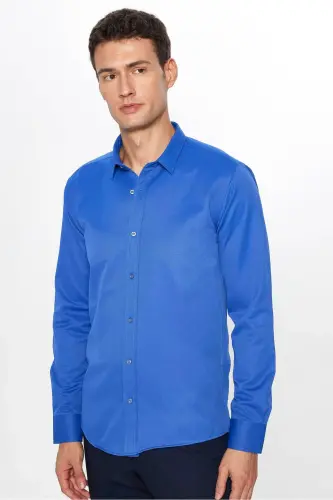 Modern Slim Fit Pamuklu Kolay Ütü Armürlü Erkek Gömlek-Sax Mavi - 3