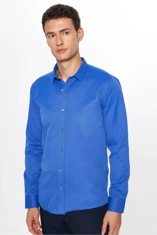 Modern Slim Fit Pamuklu Kolay Ütü Armürlü Erkek Gömlek-Sax Mavi - 3