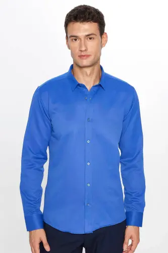 Modern Slim Fit Pamuklu Kolay Ütü Armürlü Erkek Gömlek-Sax Mavi - 2