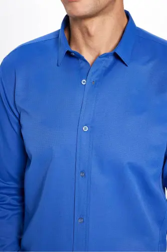 Modern Slim Fit Pamuklu Kolay Ütü Armürlü Erkek Gömlek-Sax Mavi - 4