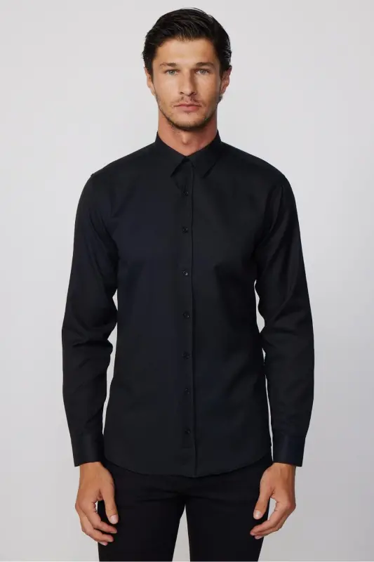 Modern Slim Fit Pamuklu Kolay Ütü Armürlü Erkek Gömlek-Siyah - 2