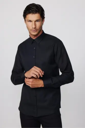 Modern Slim Fit Pamuklu Kolay Ütü Armürlü Erkek Gömlek-Siyah - 3