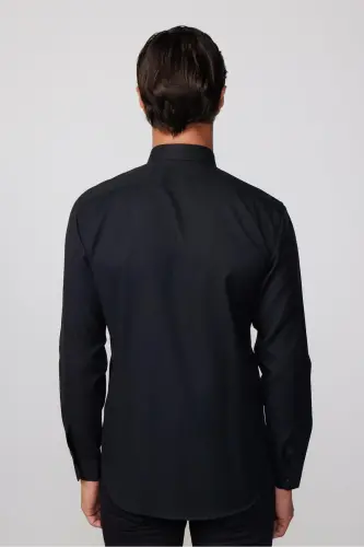 Modern Slim Fit Pamuklu Kolay Ütü Armürlü Erkek Gömlek-Siyah - 5