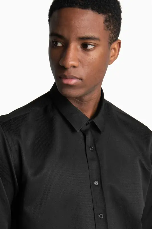 Modern Slim Fit Pamuklu Kolay Ütü Armürlü Erkek Gömlek-Siyah2 - 3
