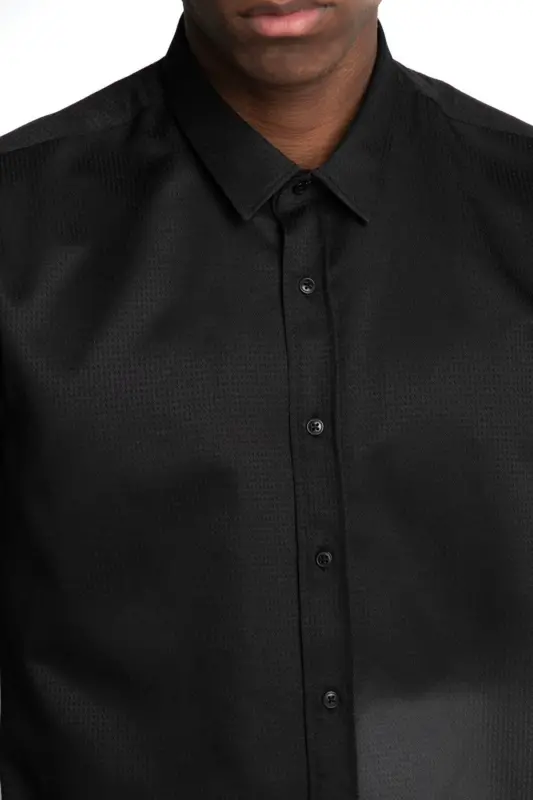 Modern Slim Fit Pamuklu Kolay Ütü Armürlü Erkek Gömlek-Siyah2 - 5
