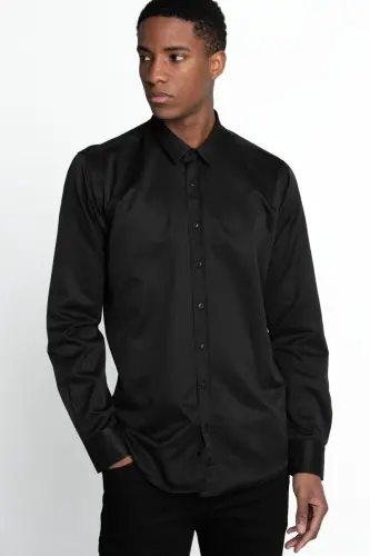 Modern Slim Fit Pamuklu Kolay Ütü Armürlü Erkek Gömlek-Siyah2 