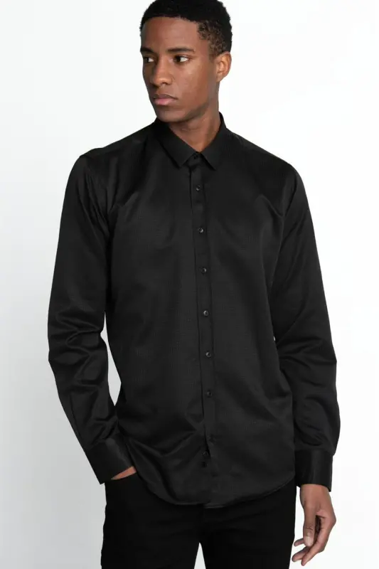 Modern Slim Fit Pamuklu Kolay Ütü Armürlü Erkek Gömlek-Siyah2 - 1