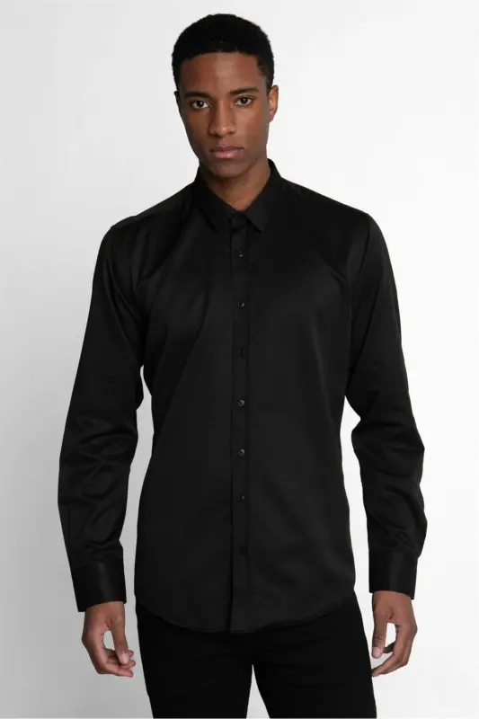 Modern Slim Fit Pamuklu Kolay Ütü Armürlü Erkek Gömlek-Siyah2 - 2