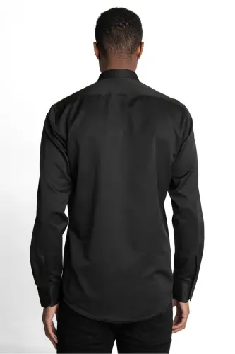 Modern Slim Fit Pamuklu Kolay Ütü Armürlü Erkek Gömlek-Siyah2 - 4