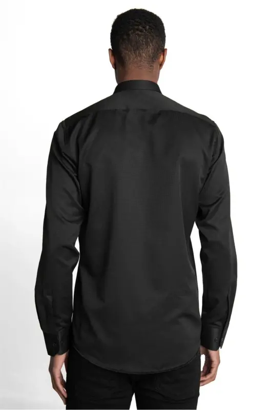 Modern Slim Fit Pamuklu Kolay Ütü Armürlü Erkek Gömlek-Siyah2 - 4