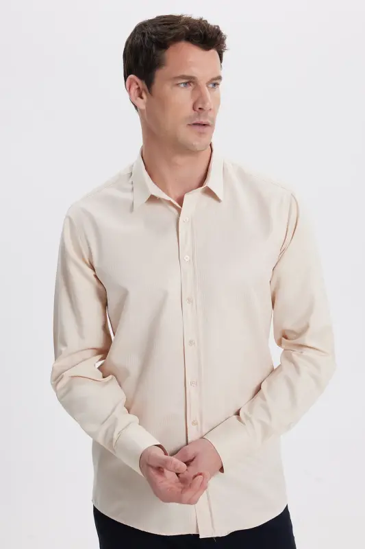 Modern Slim Fit Uzun Kollu Pamuklu Kolay Ütü Armürlü Bej Erkek Gömlek-Bej1 - 1
