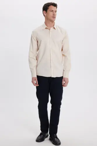 Modern Slim Fit Uzun Kollu Pamuklu Kolay Ütü Armürlü Bej Erkek Gömlek-Bej1 - 5