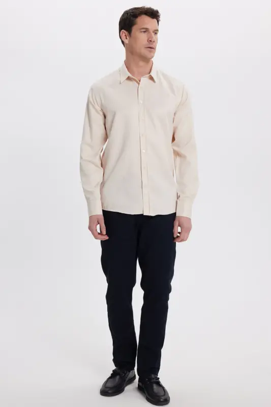 Modern Slim Fit Uzun Kollu Pamuklu Kolay Ütü Armürlü Bej Erkek Gömlek-Bej1 - 5