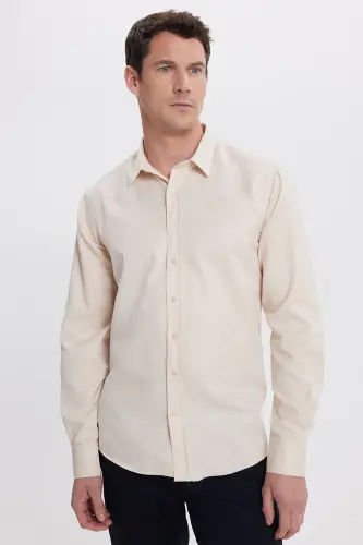 Modern Slim Fit Uzun Kollu Pamuklu Kolay Ütü Armürlü Bej Erkek Gömlek-Bej1 - 6