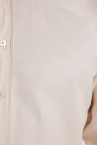 Modern Slim Fit Uzun Kollu Pamuklu Kolay Ütü Armürlü Bej Erkek Gömlek-Bej1 - 7