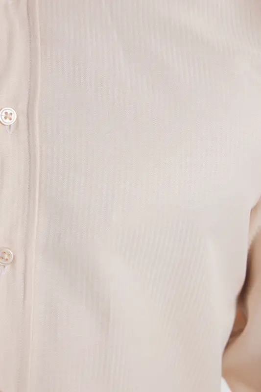 Modern Slim Fit Uzun Kollu Pamuklu Kolay Ütü Armürlü Bej Erkek Gömlek-Bej1 - 7