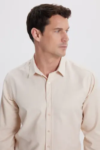 Modern Slim Fit Uzun Kollu Pamuklu Kolay Ütü Armürlü Bej Erkek Gömlek-Bej1 - 2