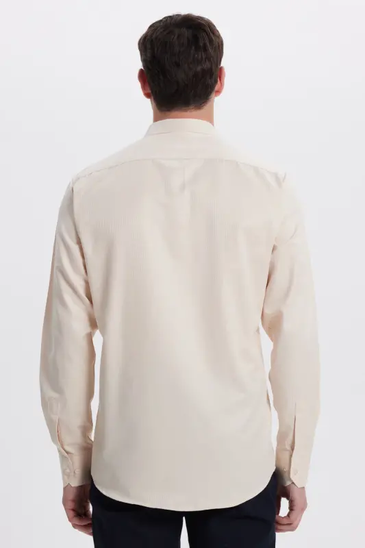Modern Slim Fit Uzun Kollu Pamuklu Kolay Ütü Armürlü Bej Erkek Gömlek-Bej1 - 8