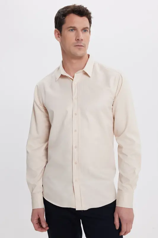 Modern Slim Fit Uzun Kollu Pamuklu Kolay Ütü Armürlü Bej Erkek Gömlek-Bej1 - 6