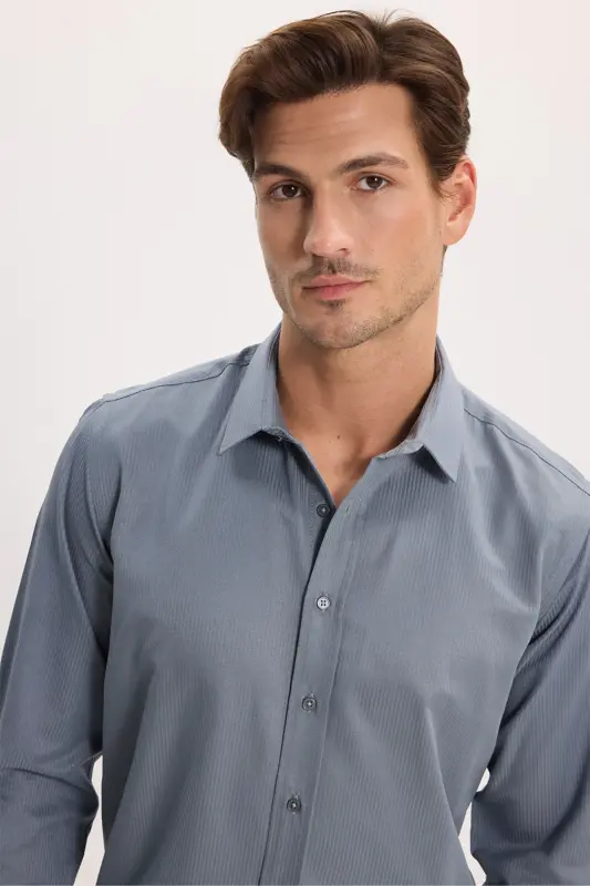 Modern Slim Fit Uzun Kollu Pamuklu Kolay Ütülenebilir Armürlü Gri Erkek Gömlek - Gri - 1
