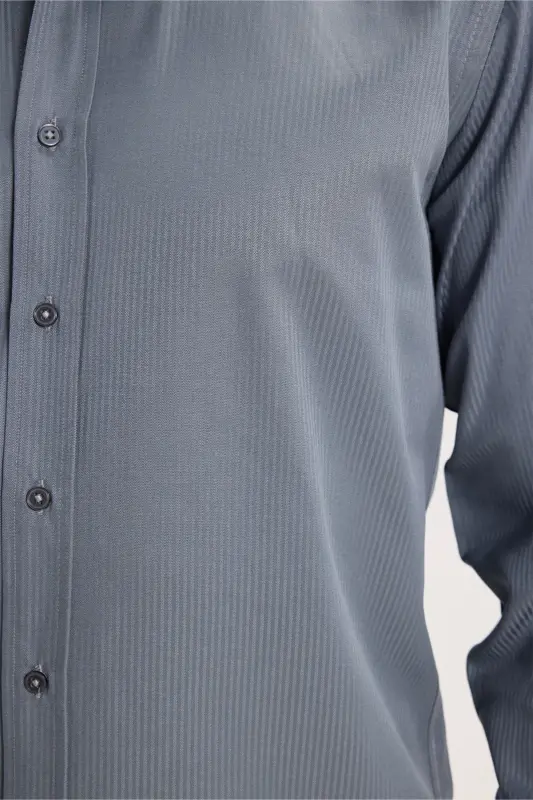 Modern Slim Fit Uzun Kollu Pamuklu Kolay Ütülenebilir Armürlü Gri Erkek Gömlek - Gri - 3