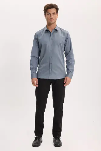 Modern Slim Fit Uzun Kollu Pamuklu Kolay Ütülenebilir Armürlü Gri Erkek Gömlek - Gri - 6