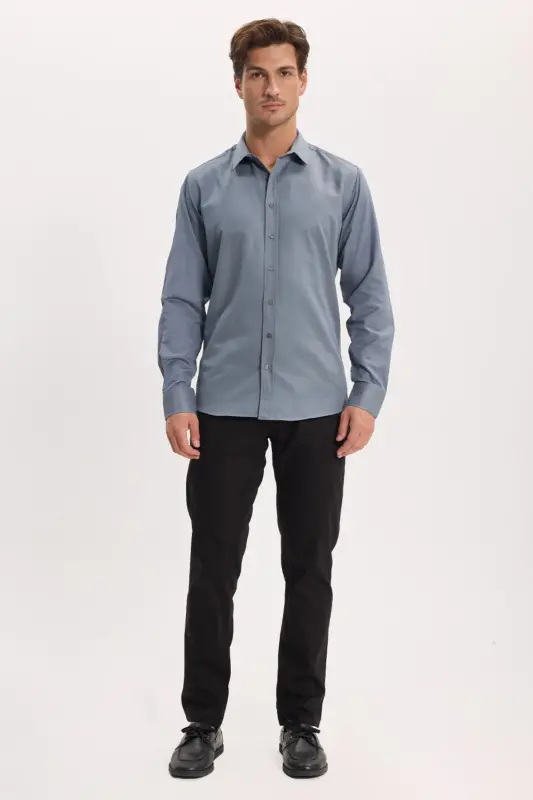 Modern Slim Fit Uzun Kollu Pamuklu Kolay Ütülenebilir Armürlü Gri Erkek Gömlek - Gri - 6