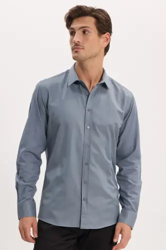 Modern Slim Fit Uzun Kollu Pamuklu Kolay Ütülenebilir Armürlü Gri Erkek Gömlek - Gri - 7