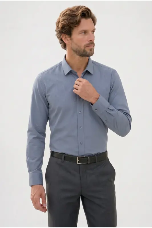 Modern Slim Fit Uzun Kollu Pamuklu Kolay Ütü Armürlü Gri Erkek Gömlek - Gri - 1