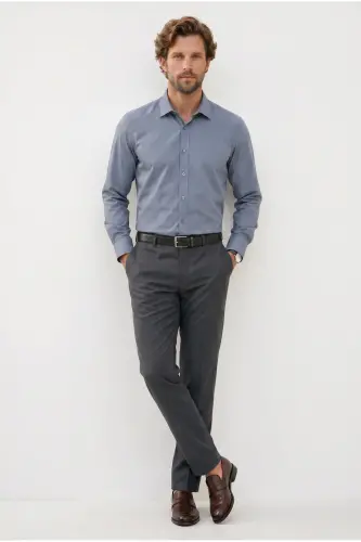 Modern Slim Fit Uzun Kollu Pamuklu Kolay Ütü Armürlü Gri Erkek Gömlek - Gri - 2